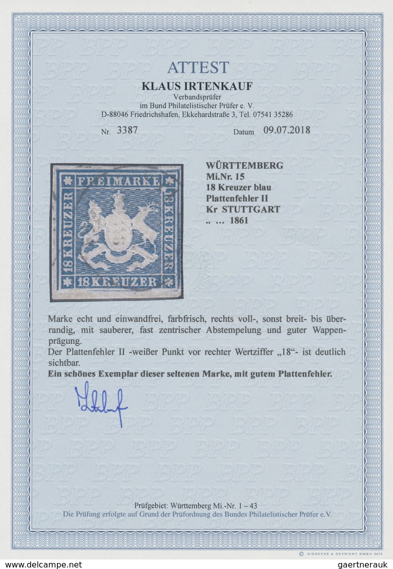 Württemberg - Marken Und Briefe: 1859, Wappen 18 Kr. Dunkelblau Ohne Seidenfaden Mit Gut Sichtbarem - Other & Unclassified
