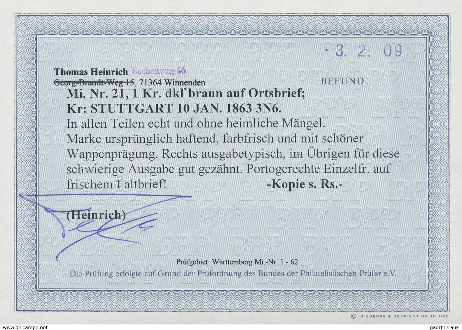 Württemberg - Marken Und Briefe: 1862, Wappen 1 Kr. Schwarzbraun, Weit Gezähnt Auf Orts-Briefhülle M - Other & Unclassified