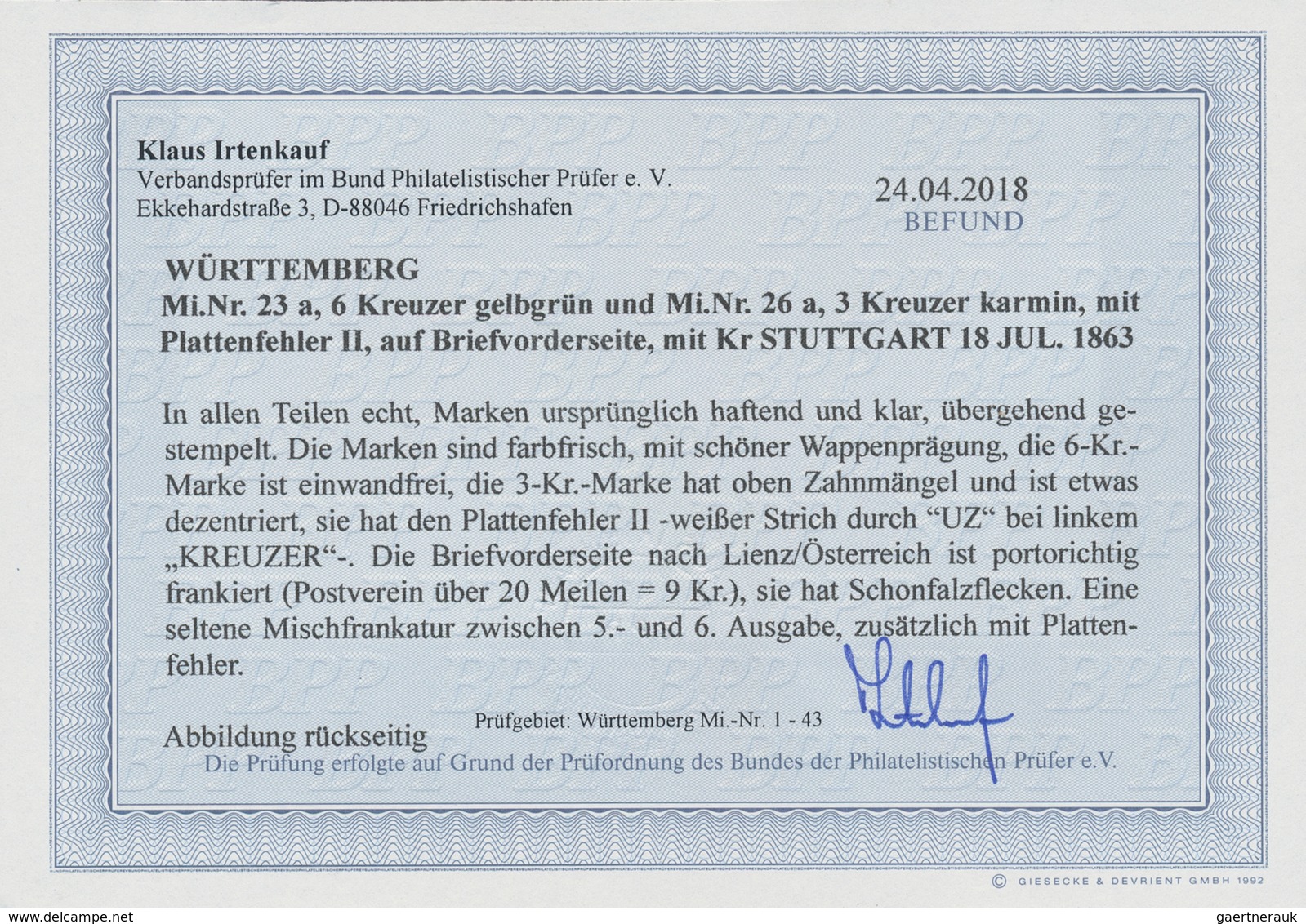 Württemberg - Marken Und Briefe: 1863, Wappen 6 Kr. Gelbgrün, Einwandfrei Und 3 Kr. Karmin, Oben Zah - Other & Unclassified