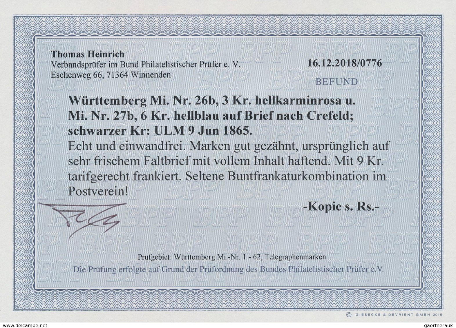 Württemberg - Marken Und Briefe: 1863, 3 Kr Hellkarminrosa MiF Mit 6 Kr Hellblau Entwertet Mit K2 "U - Other & Unclassified