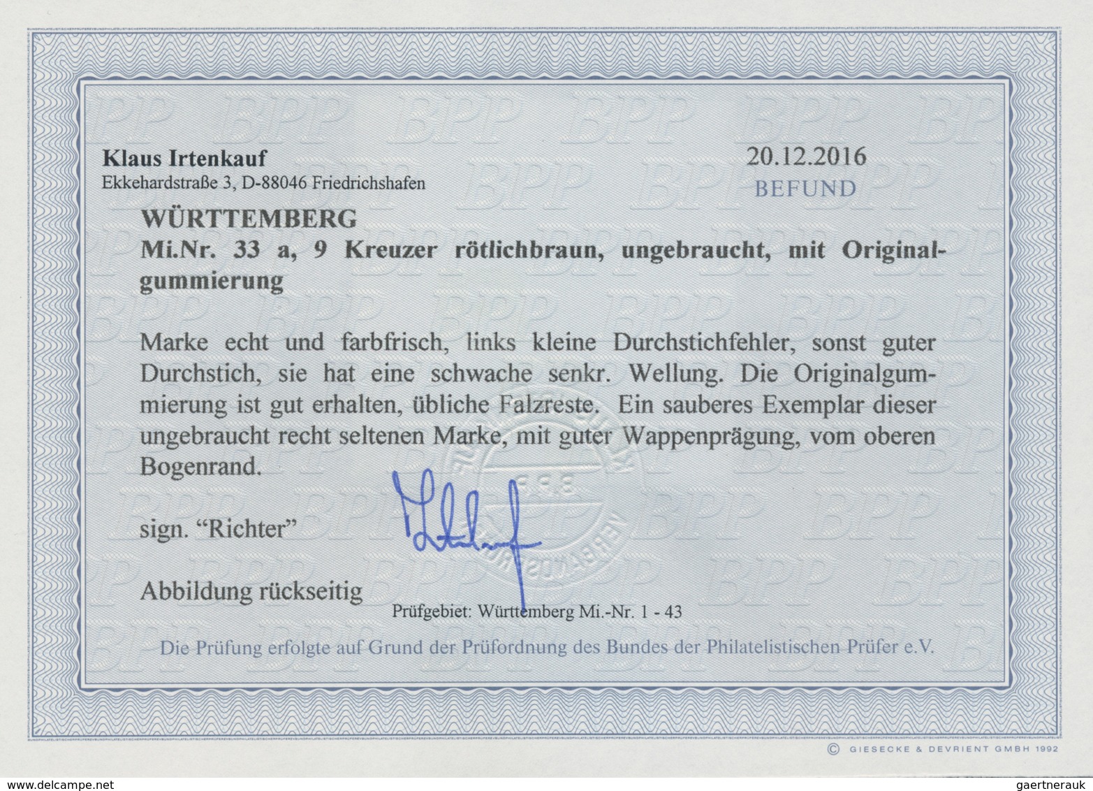 Württemberg - Marken Und Briefe: 1865. 9 Kr. Rötlichbraun, Ungebraucht Mit Originalgummi, Echt Und F - Sonstige & Ohne Zuordnung