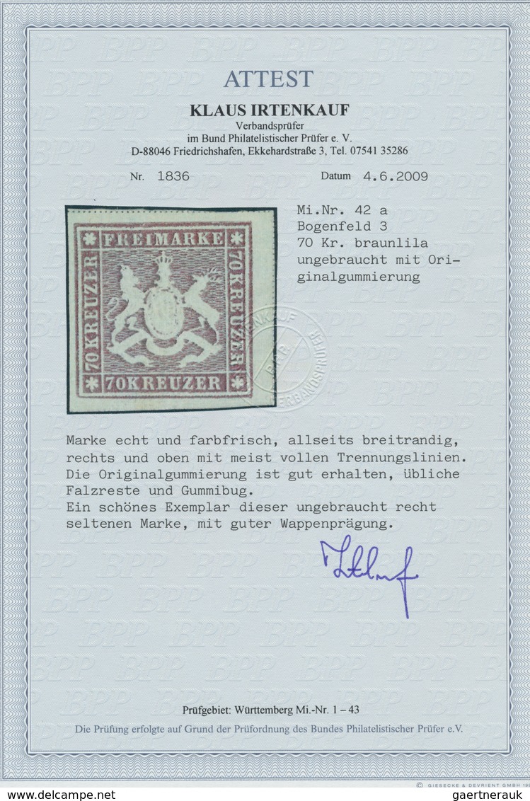 Württemberg - Marken Und Briefe: 1873, Wappen 70 Kreuzer In Guter A-Farbe Violettbraun Ungebraucht M - Autres & Non Classés