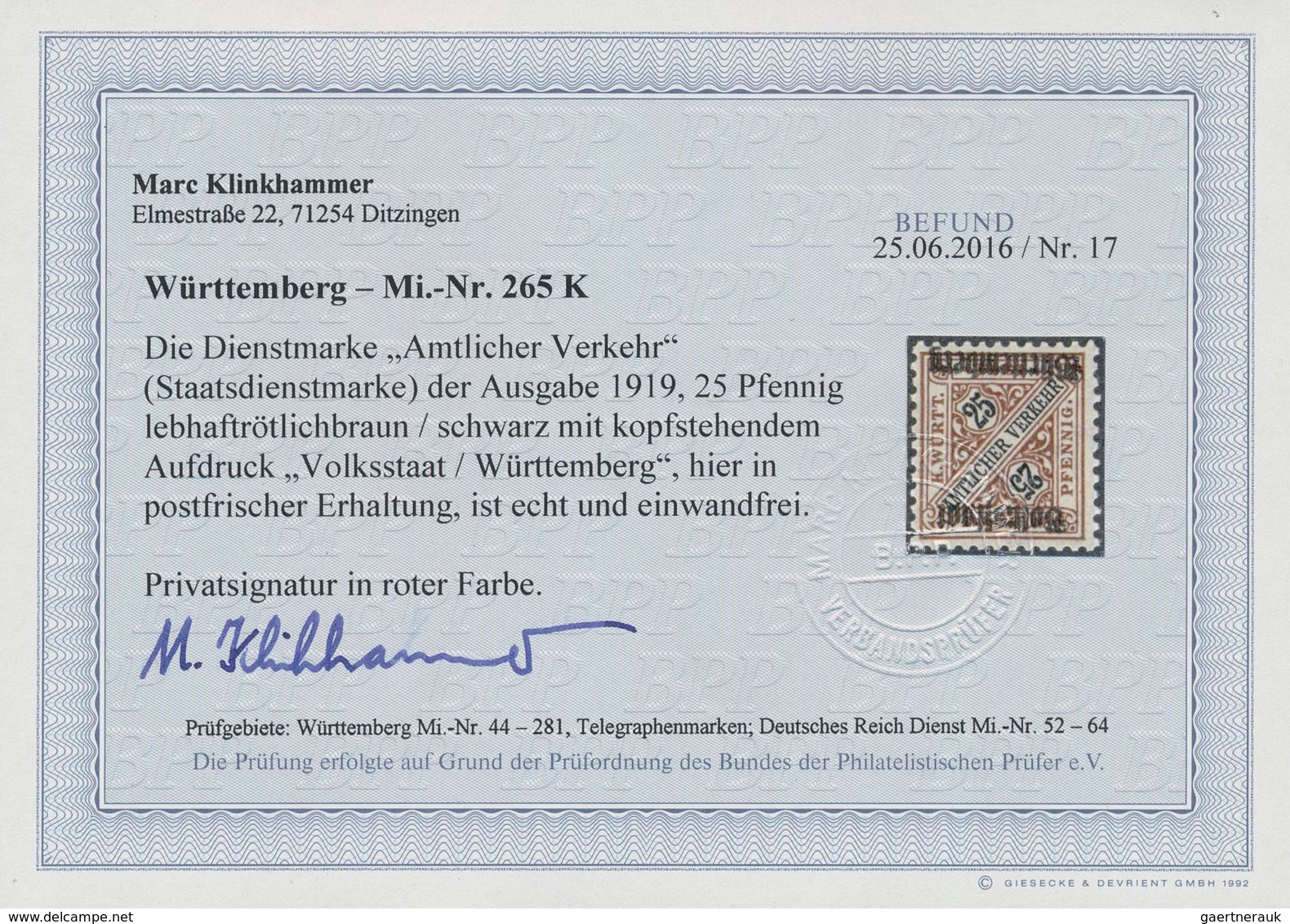 Württemberg - Marken Und Briefe: 1919, 25 Pfg. "Volksstaat" Mit KOPFSTEHENDEM Aufdruck In Postfrisch - Other & Unclassified