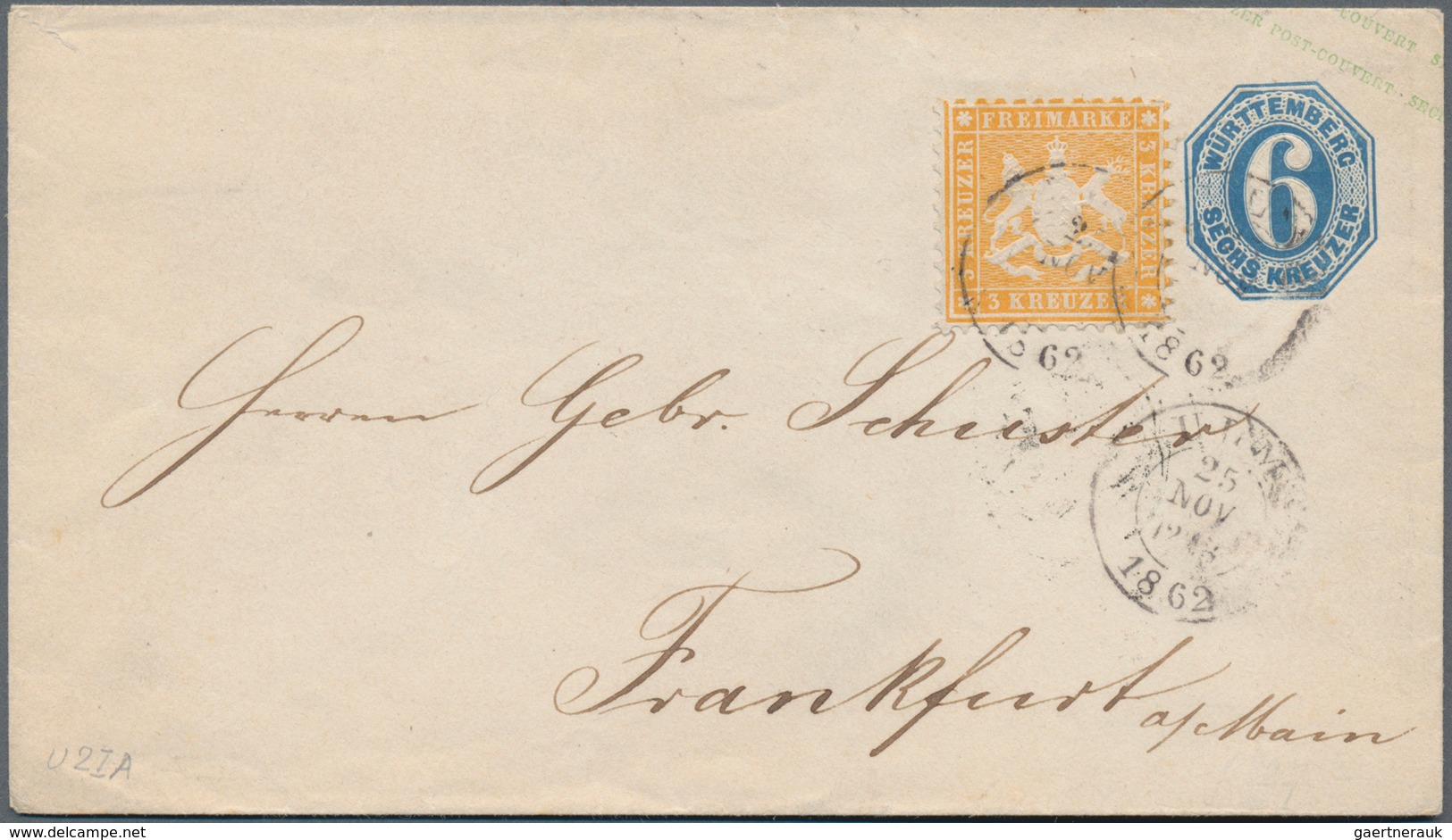 Württemberg - Ganzsachen: 1862, Ganzsachenumschlag 6 Kr Blau Mit Zusatzfrankatur 3 Kr Orange Von Ulm - Sonstige & Ohne Zuordnung