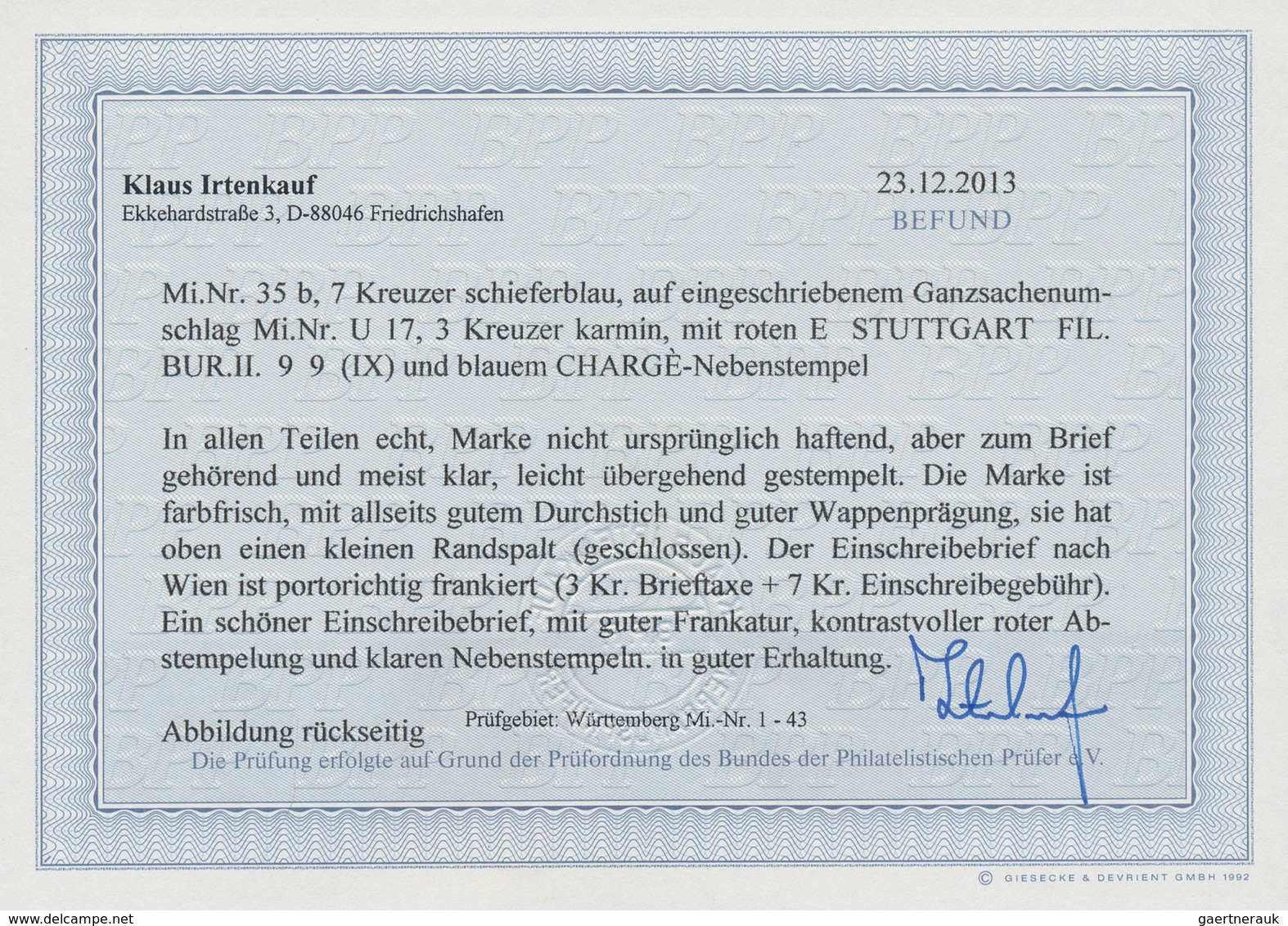 Württemberg - Ganzsachen: 1868, 3 Kr. Karmin, Eingeschriebener Ganzsachenumschlag Mit 7 Kr. Schiefer - Autres & Non Classés