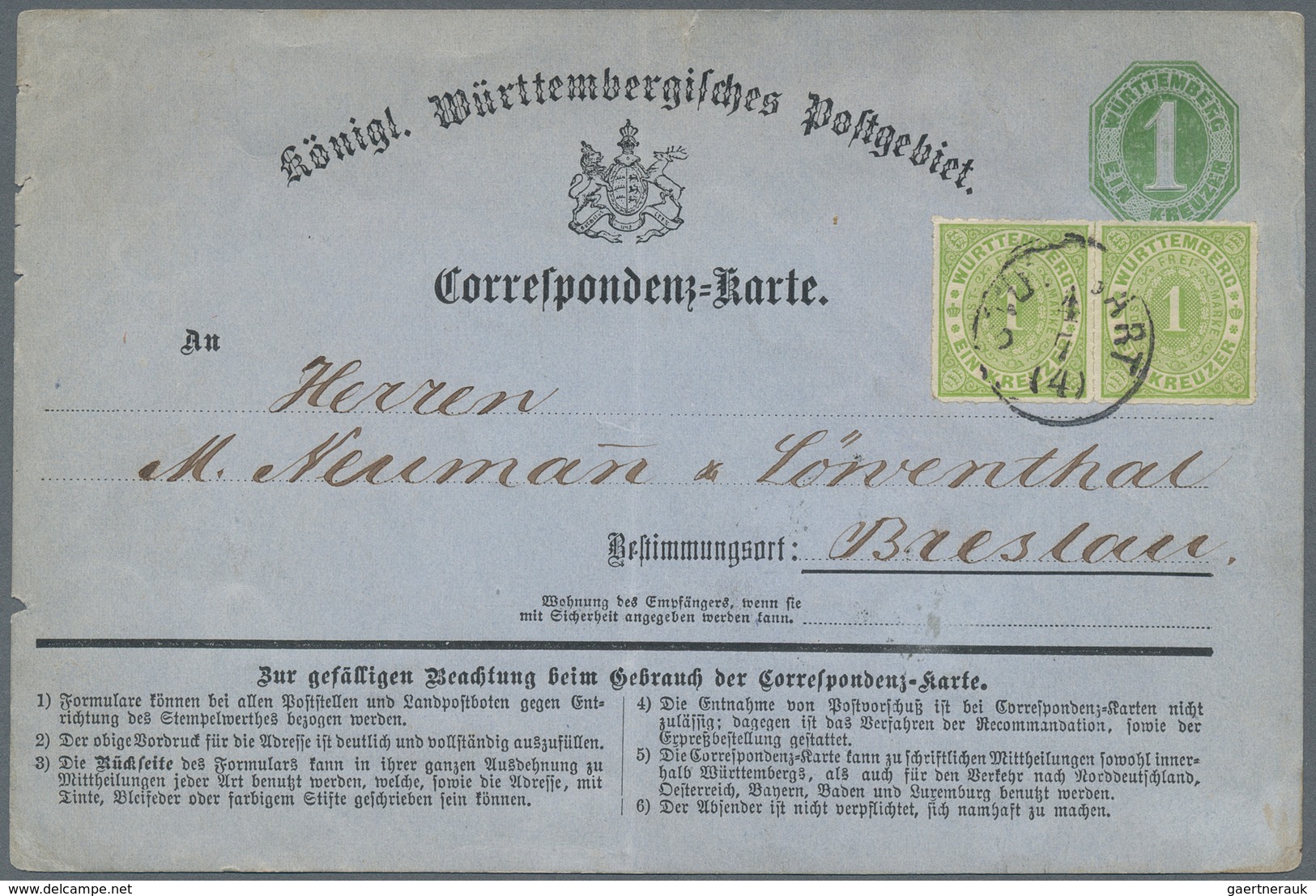 Württemberg - Ganzsachen: 1872 Ganzsachenkarte 1 Kreuzer Grün Mit Doppelter Wertgleicher Zusatzfrank - Other & Unclassified