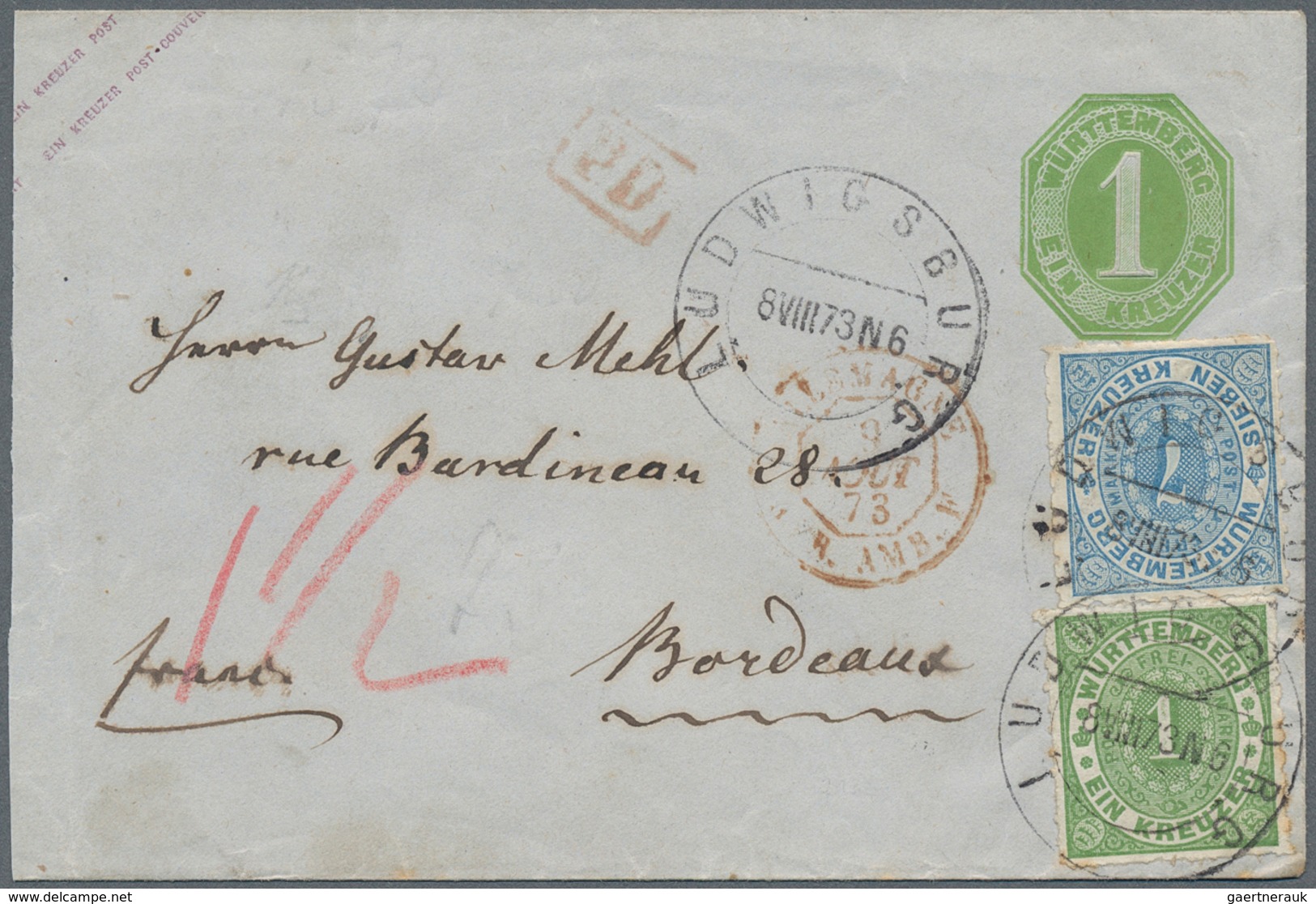 Württemberg - Ganzsachen: 1873 Zwei Ganzsachenumschläge Mit Zusatzfrankatur Jeweils Als Auslandsverw - Other & Unclassified