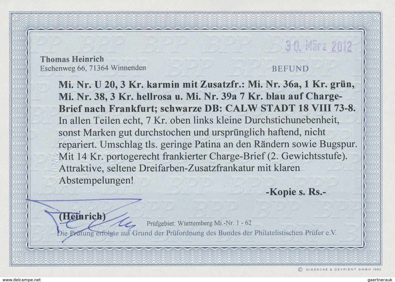 Württemberg - Ganzsachen: 1873 Ganzsachenumschlag Als Chargé-Brief Mit Drei-Farben-Zusatzfrankatur V - Other & Unclassified