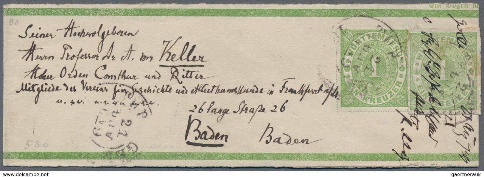 Württemberg - Ganzsachen: 1879, 1 Kreuzer Streifband Mit Bildgleicher Zusatzfrankatur 1 Kreuzer Grün - Other & Unclassified