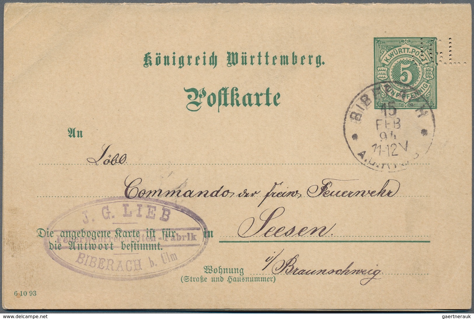 Württemberg - Ganzsachen: 1894, 5 Pfg Grün Doppel-Ganzsachenkarte Mit PERFIN "J.G.L." Von Biberach N - Autres & Non Classés