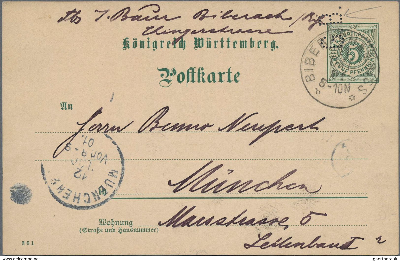 Württemberg - Ganzsachen: 1901, 5 Pf Grün Mit Seltener FIRMENLOCHUNG "G.B." Von BIBERACH Nach Münche - Other & Unclassified