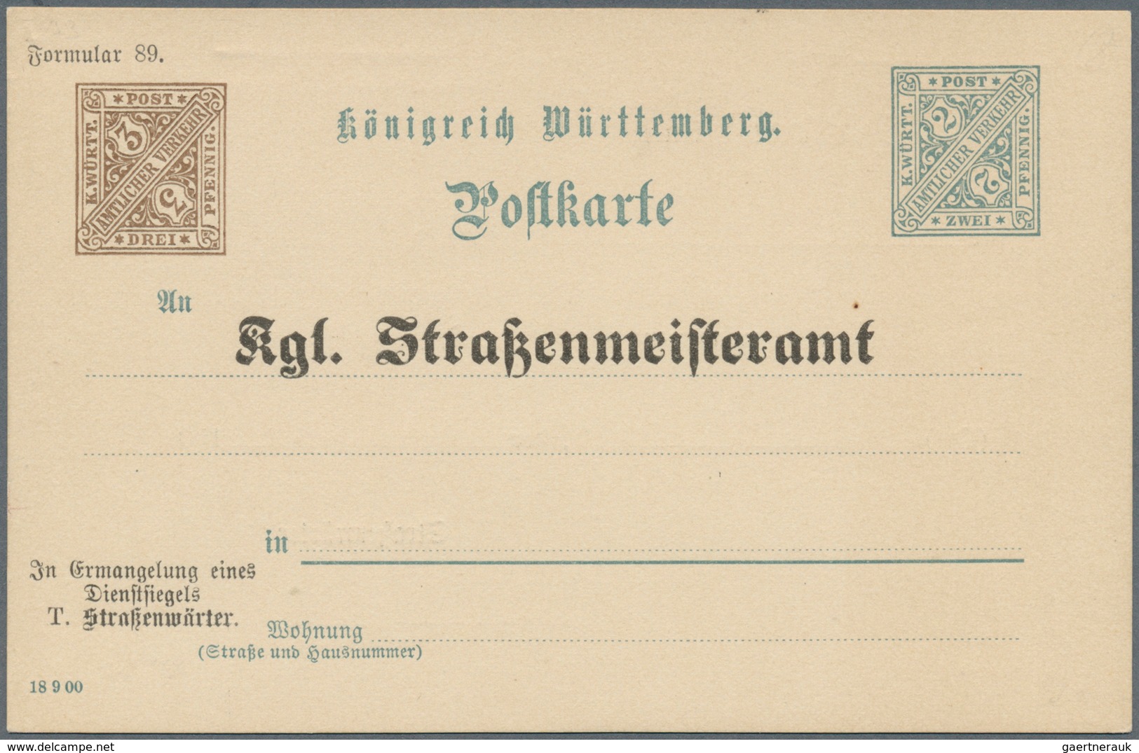 Württemberg - Ganzsachen: 1908. Aufbrauch-Dienstpostkarte 3 Pf Braun Neben 2 Pf Grün "Kgl. Straßenme - Autres & Non Classés