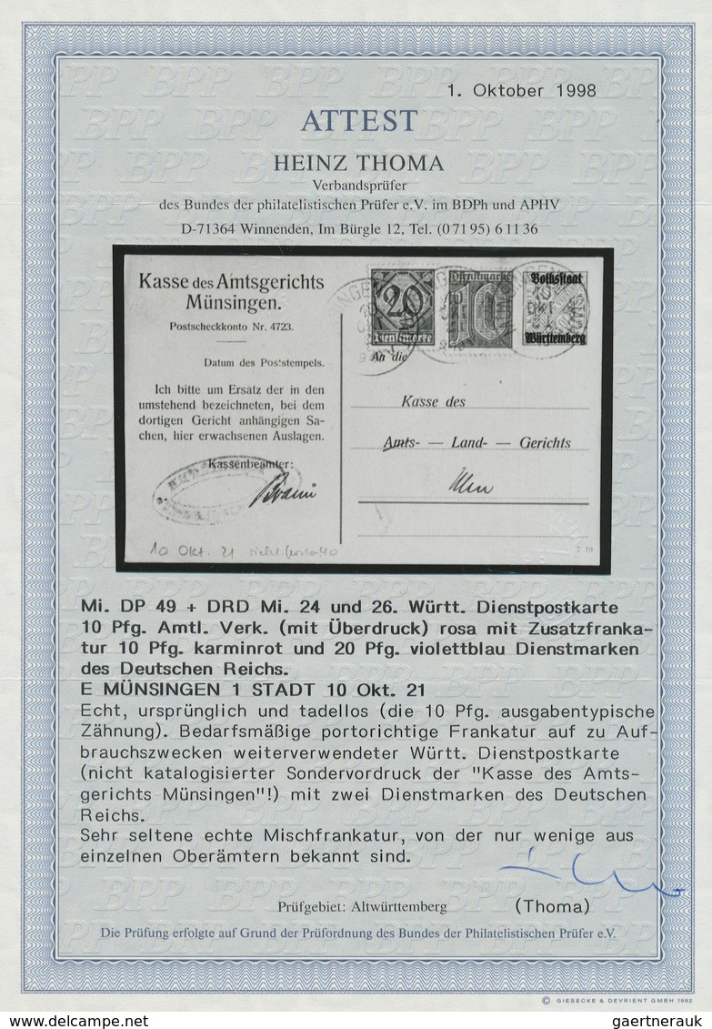 Württemberg - Ganzsachen: 1921, 10 Pf Karminrot Dienst-PK (Aufbrauch) Mit Zusatzfrankatur Dt. Reich- - Other & Unclassified