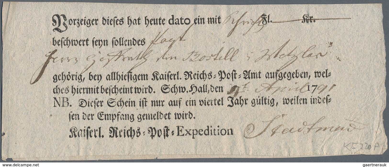 Württemberg - Postscheine: 1791, Zwei Ortsdruck-Postscheine Aus SCHWÄBISCH HALL Nach Ingelheim Bzw. - Other & Unclassified