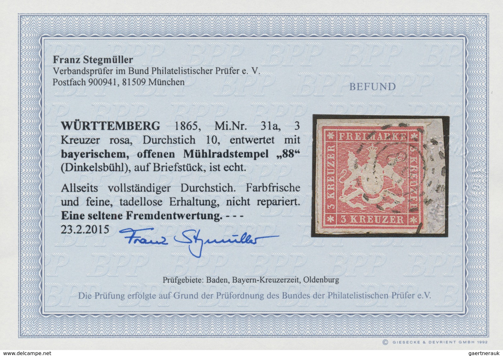 Württemberg - Stempel: 1865, 3 Kr Karminrosa, Entwertet Mit Bayerischem Offenem Mühlradstempels "88" - Other & Unclassified