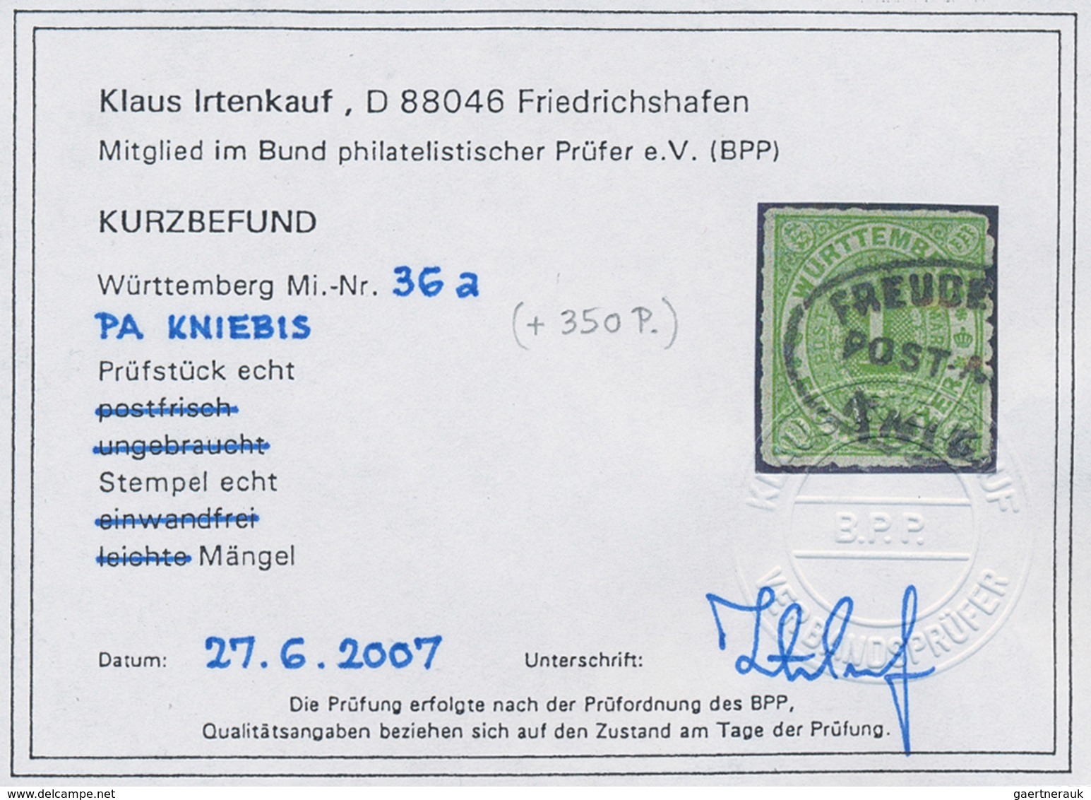 Württemberg - Postablagen: KNIEBIS-FREUDENSTADT Seltener Postablage Teil-Stempel Auf 1 Kr. Grün (unt - Autres & Non Classés