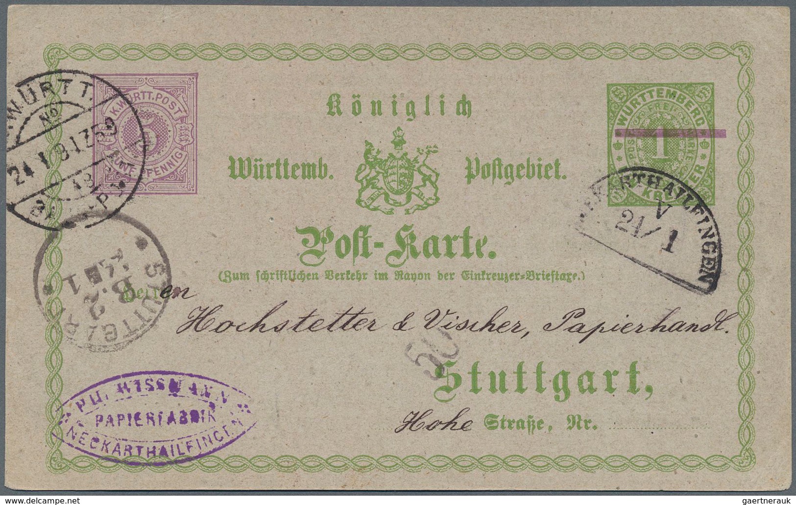 Württemberg - Bahnpost: NECKARTHAILFINGEN V 21/1 (1891) Auf Privat-GA-Karte 5 Pf. Lilarot Neben 1 Kr - Autres & Non Classés