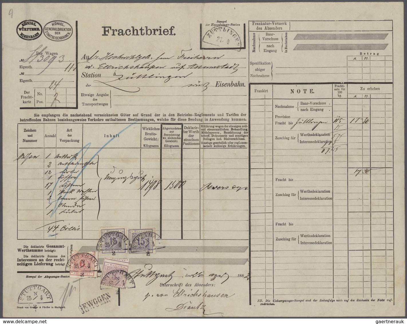 Württemberg - Besonderheiten: 1882, Frachtbrief "Königl. Württemb. Eisenbahn" Nach Dem Wiegen Mit 3, - Sonstige & Ohne Zuordnung