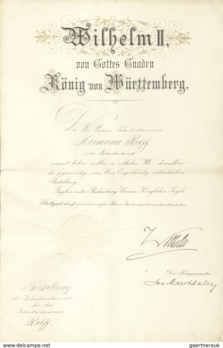 Württemberg - Besonderheiten: WILHELM II KÖNIG VON WÜRTTEMBERG, Eigenhändige Unterschrift Auf Ernenn - Sonstige & Ohne Zuordnung