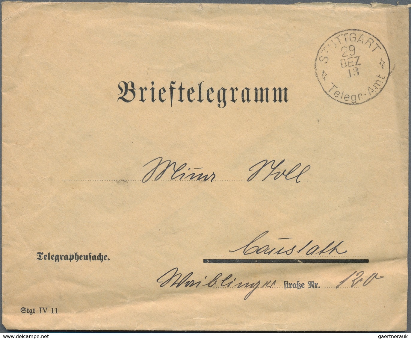 Württemberg - Besonderheiten: 1913, "BRIEFTELEGRAMM" Mit K1 "STUTTGART Telegr.-Amt" Nach Cannstatt, - Sonstige & Ohne Zuordnung