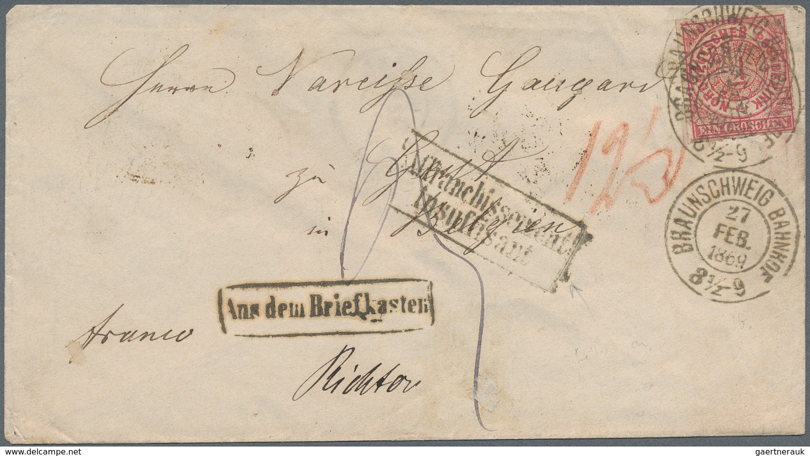 Norddeutscher Bund - Marken Und Briefe: 1869, 1 Gr. Karmin Auf Brief Von "BRAUNSCHWEIG BAHNHOF 27 FE - Autres & Non Classés