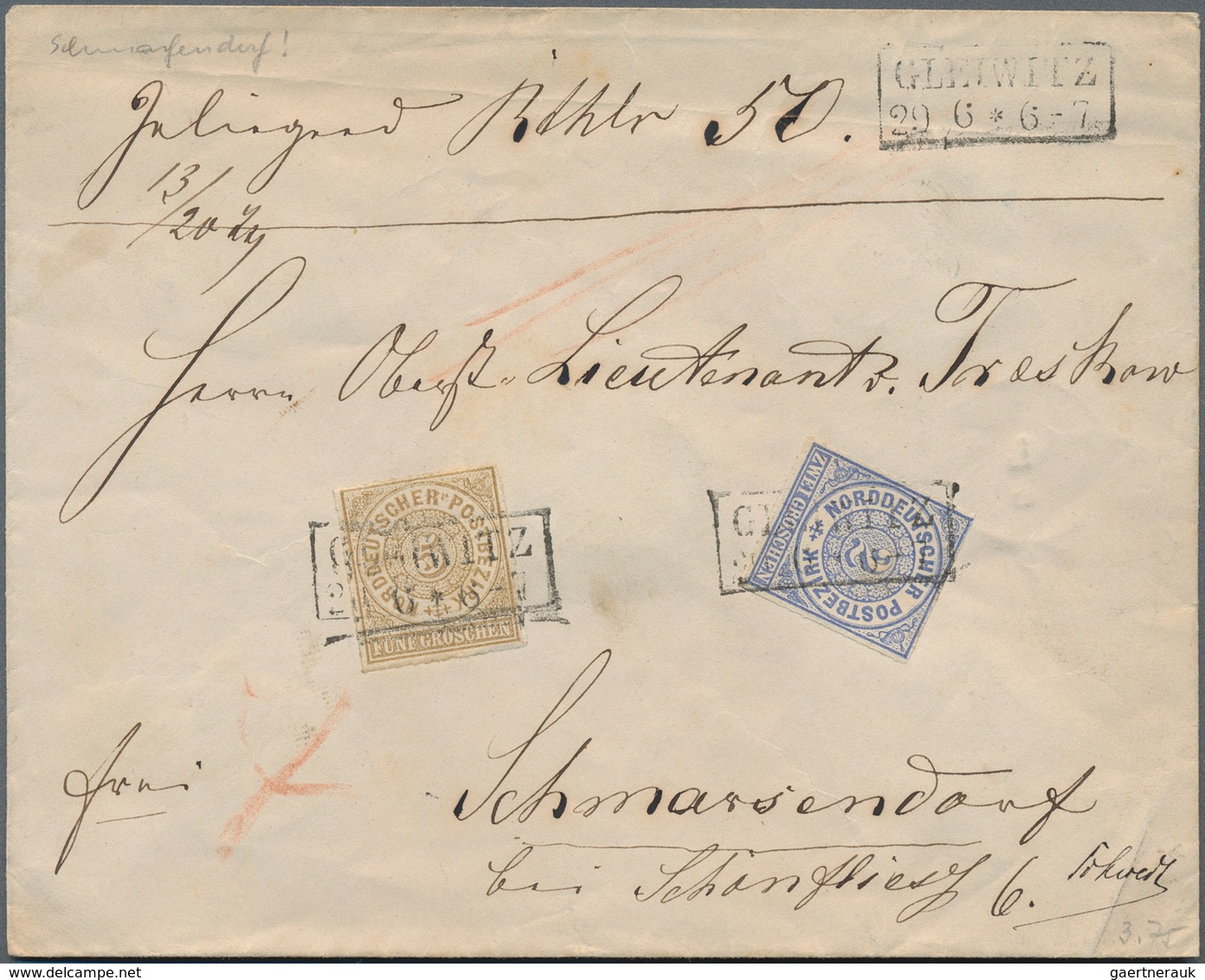 Norddeutscher Bund - Marken Und Briefe: 1868, 2 Gr Blau Und 5 Gr Ockerbraun Je Entwertet Mit Ra2 "GL - Sonstige & Ohne Zuordnung