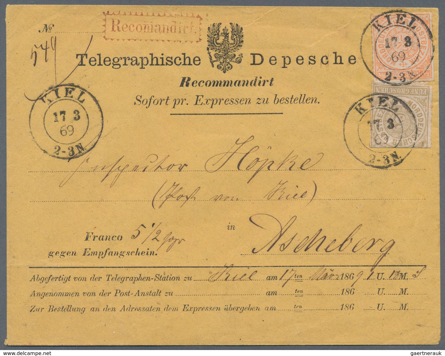 Norddeutscher Bund - Marken Und Briefe: 1869, 5 Gr. Und 1/1 Gr. Durchstochen Je Mit Klarem DKr. "KIE - Sonstige & Ohne Zuordnung