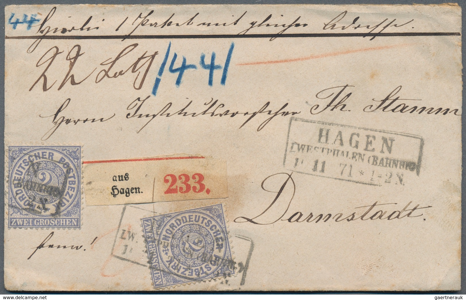Norddeutscher Bund - Marken Und Briefe: 1871, 2 Briefe Von HAGEN/Westf. Nach DARMSTADT/Hessen, 1x Al - Autres & Non Classés