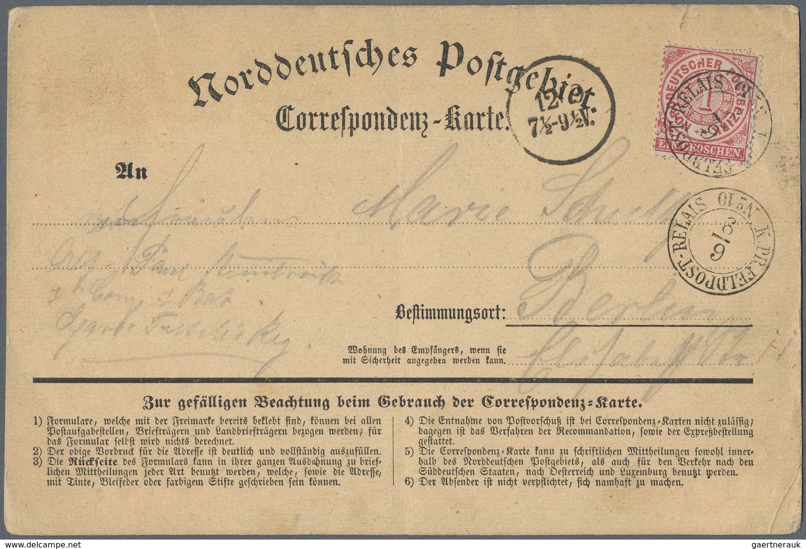 Norddeutscher Bund - Marken Und Briefe: 1870, 1 Gr Karminrot, Einzelfrankatur Auf Correspondenz-Kart - Autres & Non Classés