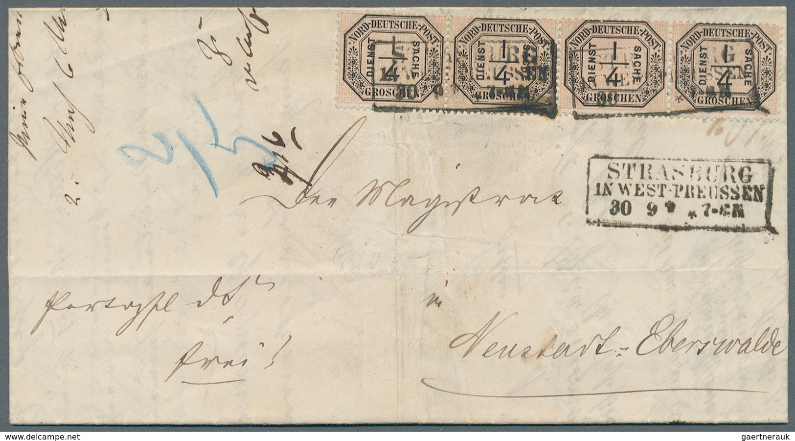 Norddeutscher Bund - Dienstmarken: 1870, ¼ Gr. Zwei Paare Als Waagrechter Viererstreifen Geklebt Mit - Autres & Non Classés
