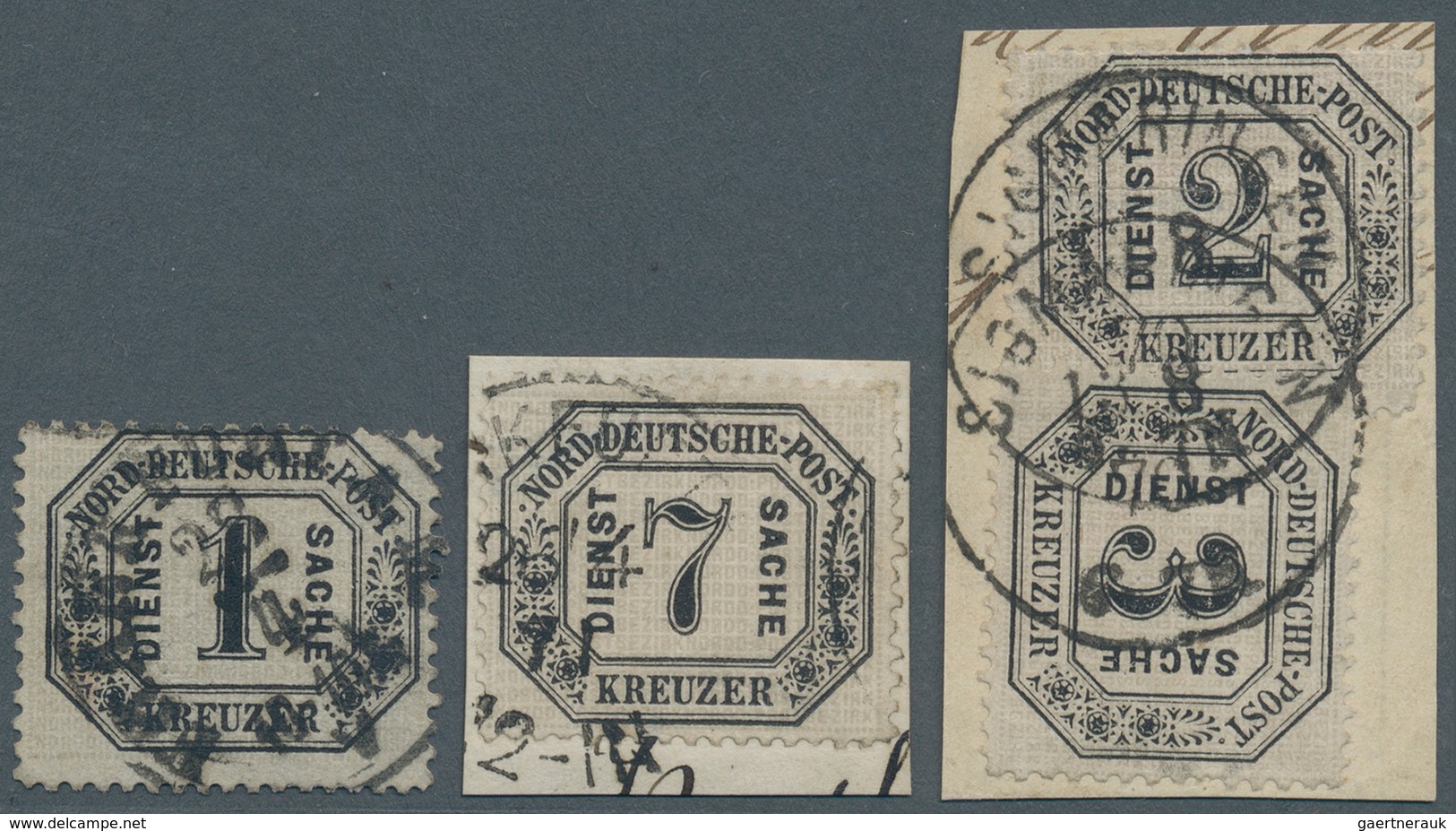 Norddeutscher Bund - Dienstmarken: 1871, 1 Kreuzer Gestempelt, 2, 3 Und 7 Kreuzer Auf 2 Briefstücken - Sonstige & Ohne Zuordnung