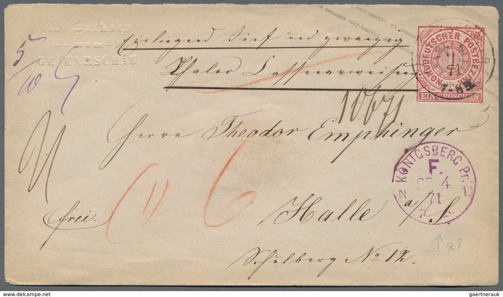 Norddeutscher Bund - Ganzsachen: 1871, "Königsberg Pr. F. N1 23.4.71", Viol. Frankostempel Auf NDP 1 - Other & Unclassified