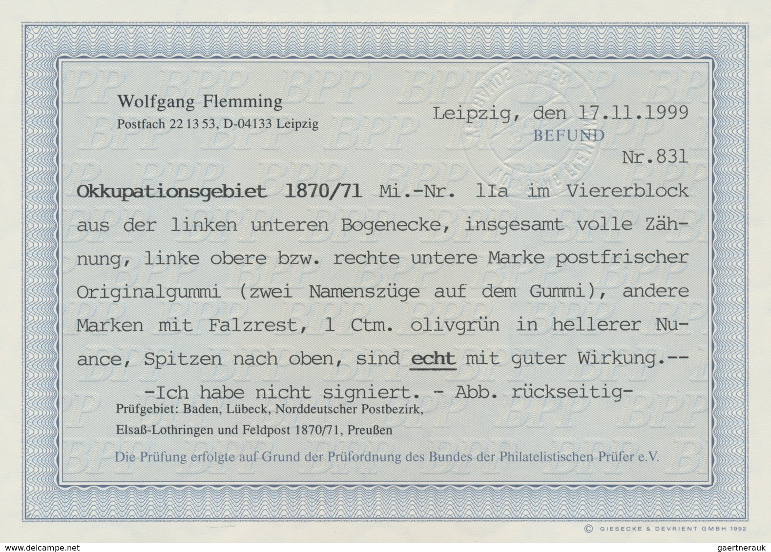 Elsass-Lothringen - Marken Und Briefe: 1870/1871, 1 Ctm. Grün Type 1 Im 4er-Block Aus Der Li. Untere - Other & Unclassified