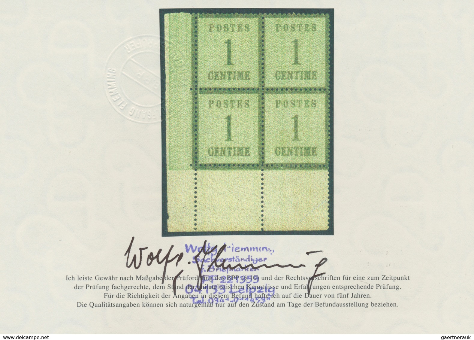 Elsass-Lothringen - Marken Und Briefe: 1870/1871, 1 Ctm. Grün Type 1 Im 4er-Block Aus Der Li. Untere - Autres & Non Classés
