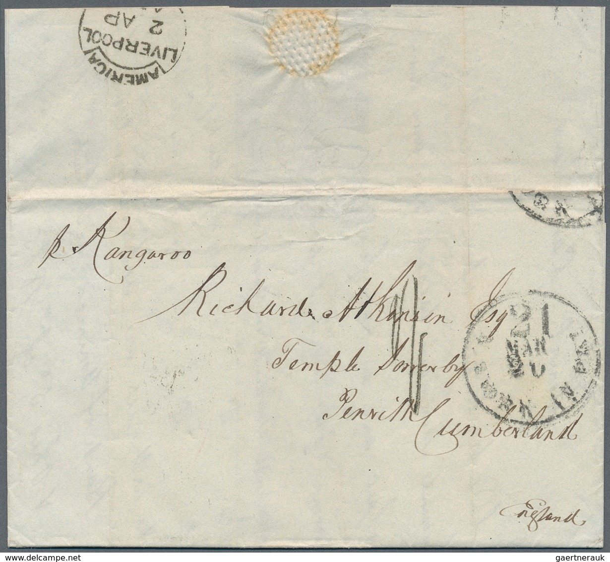 Transatlantikmail: 1858, Trans Atlantic Letter "NEW YORK - PENRITH" Sent With "Kangaroo" On 20 MAR 1 - Autres - Europe