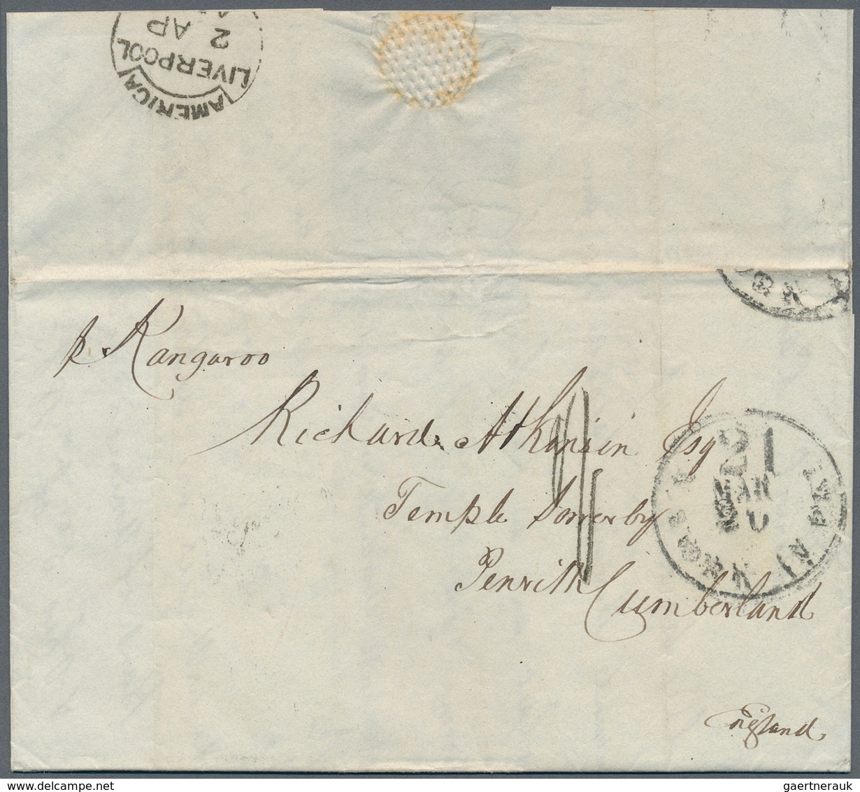 Transatlantikmail: 1858, Trans Atlantic Letter "NEW YORK - PENRITH" Sent With "Kangaroo" On 20 MAR 1 - Europe (Other)