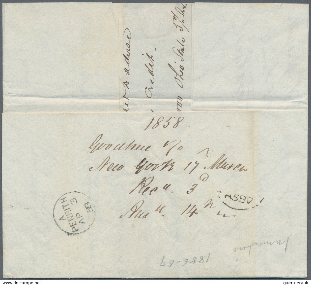 Transatlantikmail: 1858, Trans Atlantic Letter "NEW YORK - PENRITH" Sent With "Kangaroo" On 20 MAR 1 - Europe (Other)