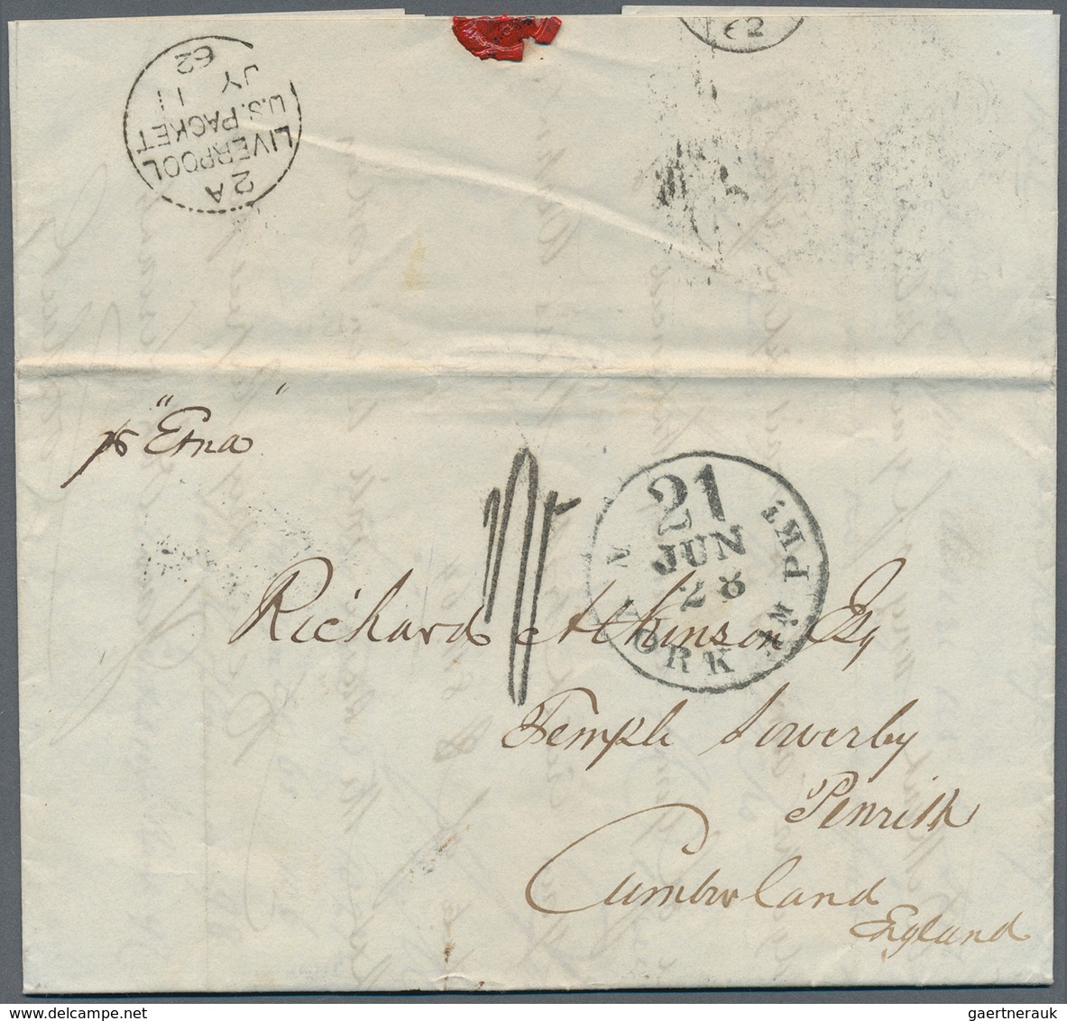 Transatlantikmail: 1862, Trans Atlantic Letter "NEW YORK - PENRITH" Per "Etna" Taxed "1" Shilling Be - Europe (Other)