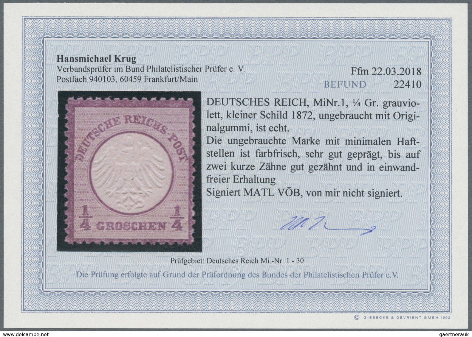 Deutsches Reich - Brustschild: 1872, ¼ Gr. Kleiner Schild Grauviolett, Ungebraucht Mit Originalgummi - Ungebraucht