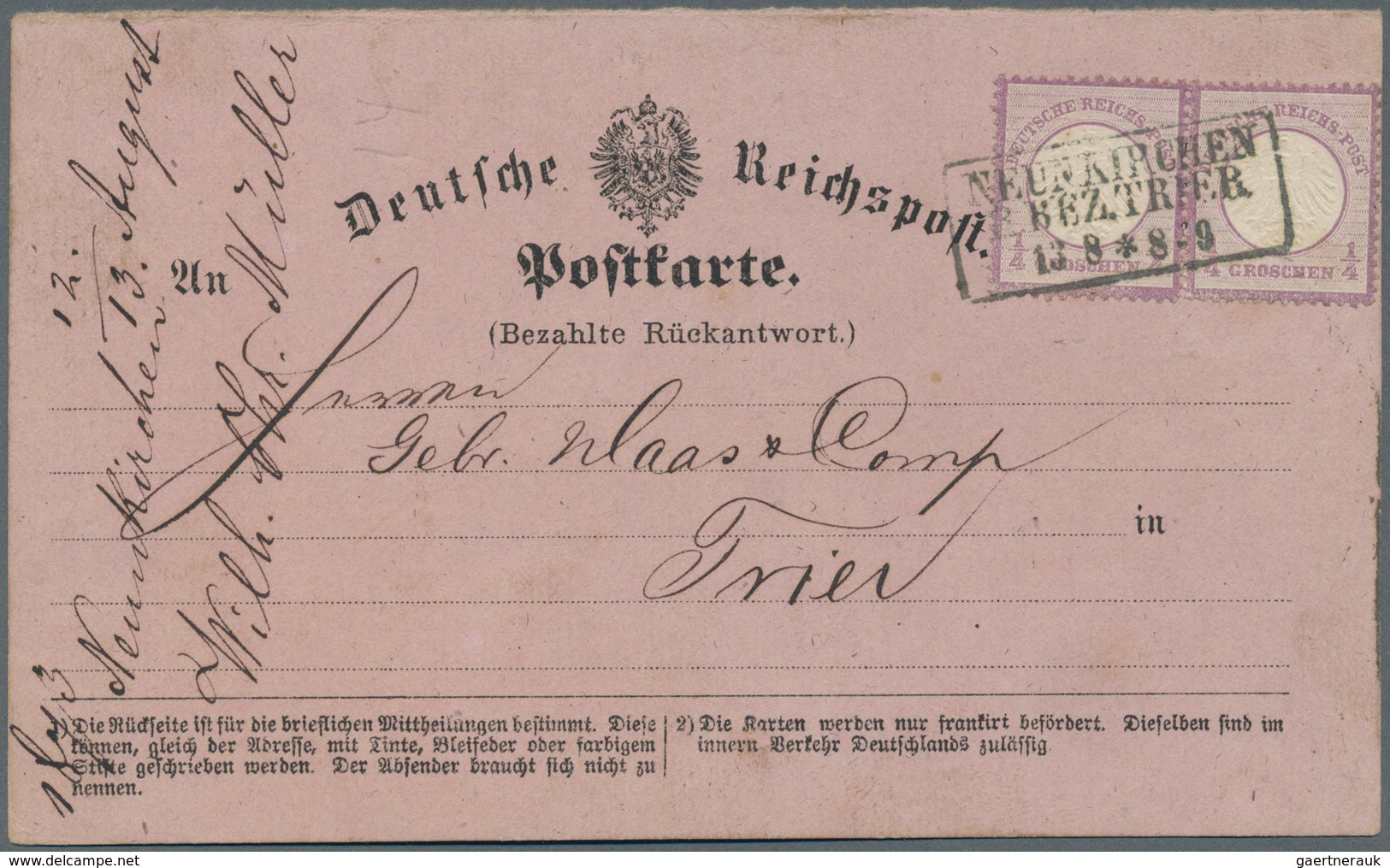 Deutsches Reich - Brustschild: 1872. 2x 1/4 Gr. Kl. Schild Auf Kab.-Antwortkarte Von Neunkrichen Nac - Ungebraucht
