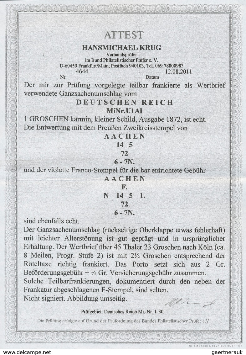 Deutsches Reich - Brustschild: 1872, 1 Gr. Ganzsachen-Umschlag Mit Stempel "AACHEN 14.5.72" Und Nebe - Unused Stamps