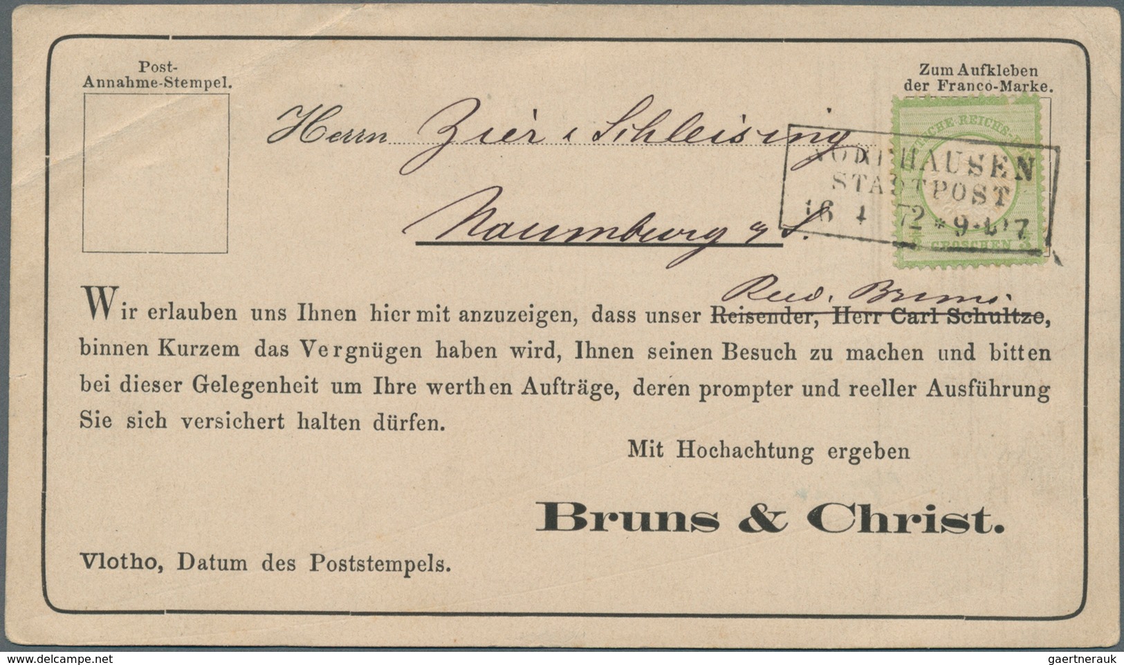 Deutsches Reich - Brustschild: 1872, Kleiner Schild 1/3 Gr. Gelblichgrün Mit Ra3 „NORDHAUSEN STADTPO - Ungebraucht