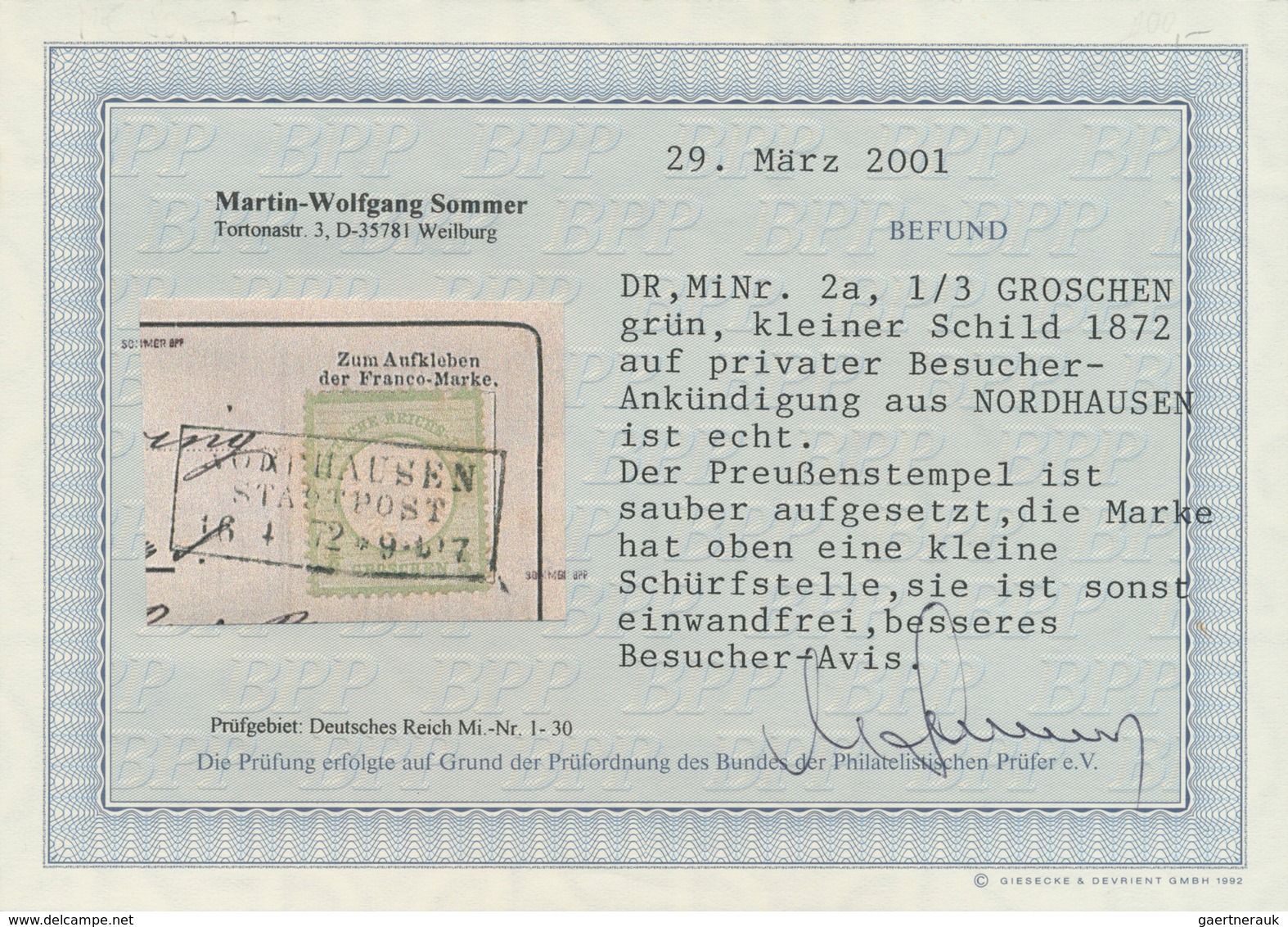 Deutsches Reich - Brustschild: 1872, Kleiner Schild 1/3 Gr. Gelblichgrün Mit Ra3 „NORDHAUSEN STADTPO - Neufs