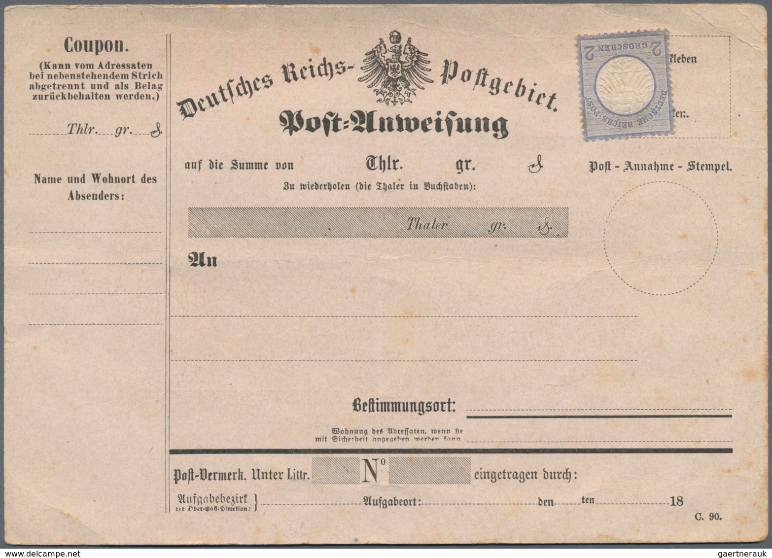 Deutsches Reich - Brustschild: 1872, Freimarke 2 Groschen Grauultramarin Mit Kleinem Brustschild Ung - Neufs