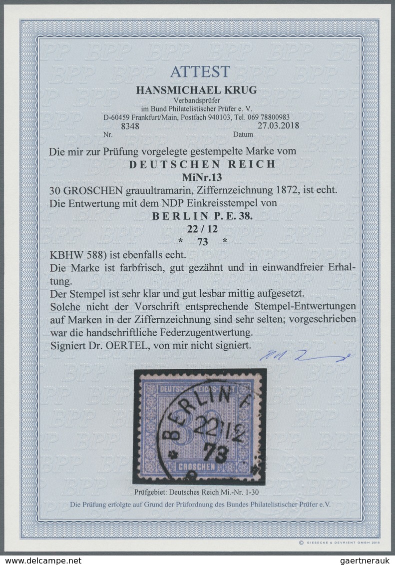 Deutsches Reich - Brustschild: 1872, 30 Gr. Ziffernzeichnung Grauultramarin Mit Poststempel-Entwertu - Neufs