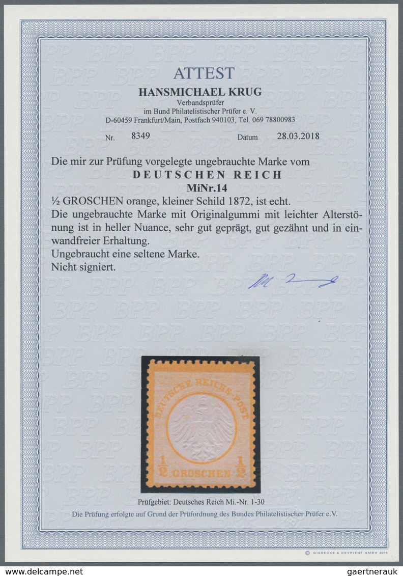 Deutsches Reich - Brustschild: 1872, ½ Gr Orange Kleiner Schild. Die Ungebrauchte Marke Mit Original - Neufs