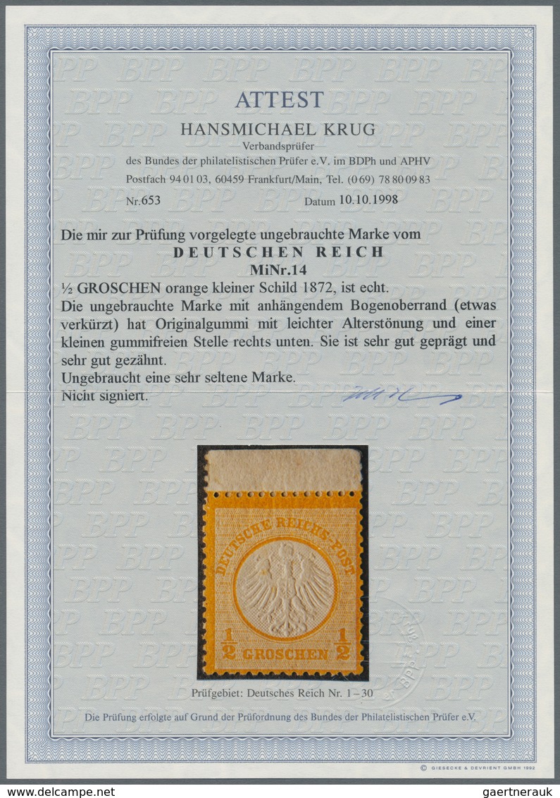 Deutsches Reich - Brustschild: 1872, ½ Gr Orange Kleiner Schild. Die Ungebrauchte Marke Mit Original - Neufs