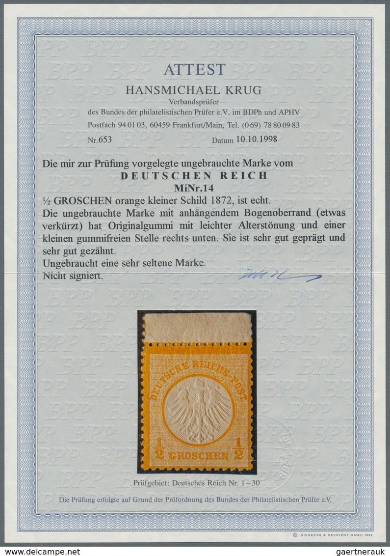 Deutsches Reich - Brustschild: 1872, ½ Gr Orange Kleiner Schild. Die Ungebrauchte Marke Mit Original - Unused Stamps