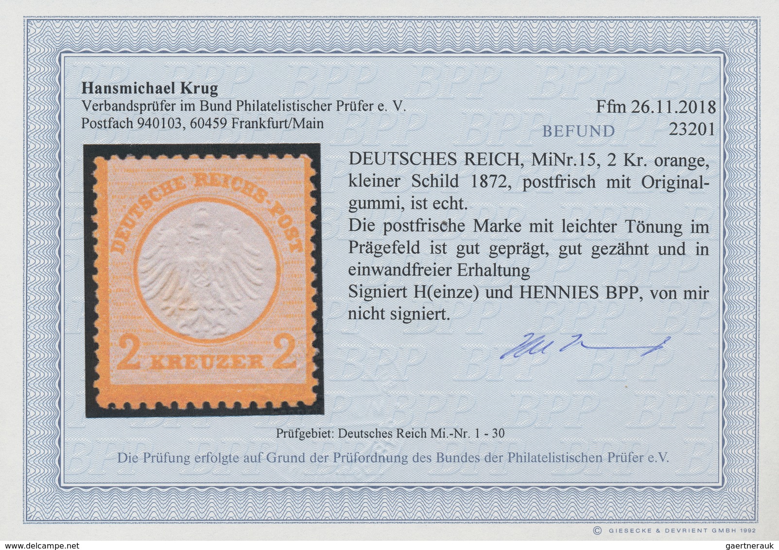 Deutsches Reich - Brustschild: 1972, Kleiner Schild 2 Kr. Orange, Farbfrisches Exemplar In Guter Zäh - Neufs