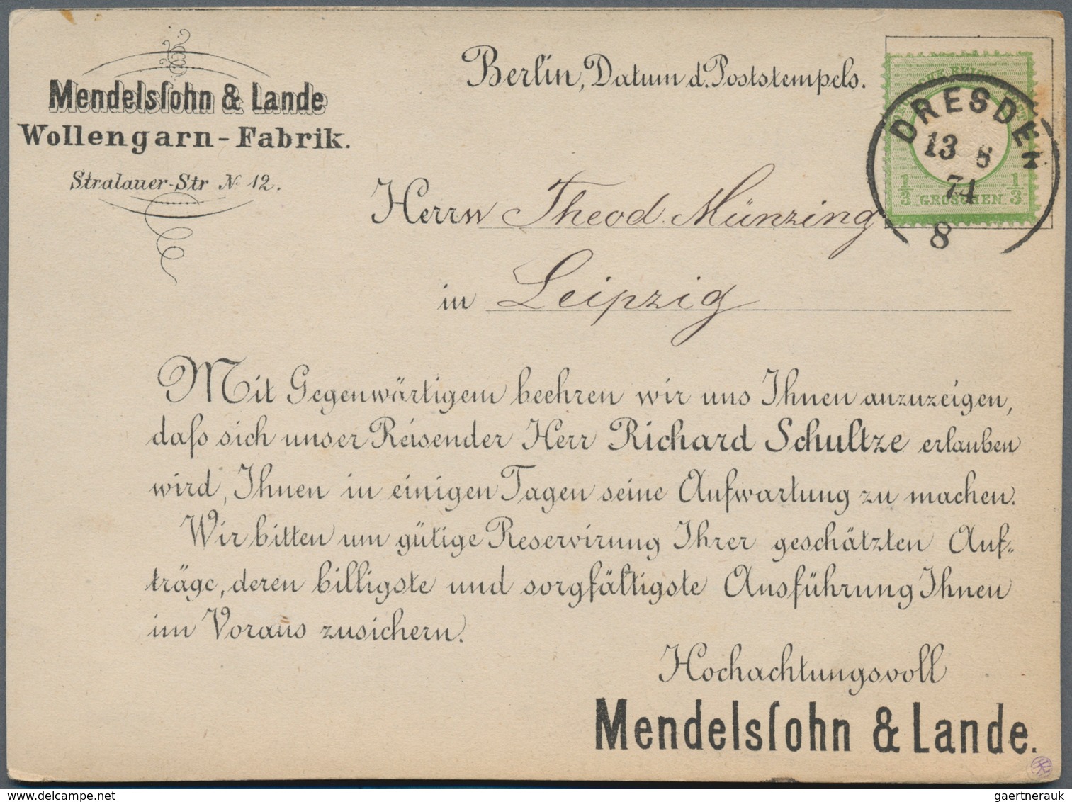 Deutsches Reich - Brustschild: 1872, Großer Schild 1/3 Groschen Hellgrün Auf Vertreter-Vordruck-Kart - Neufs